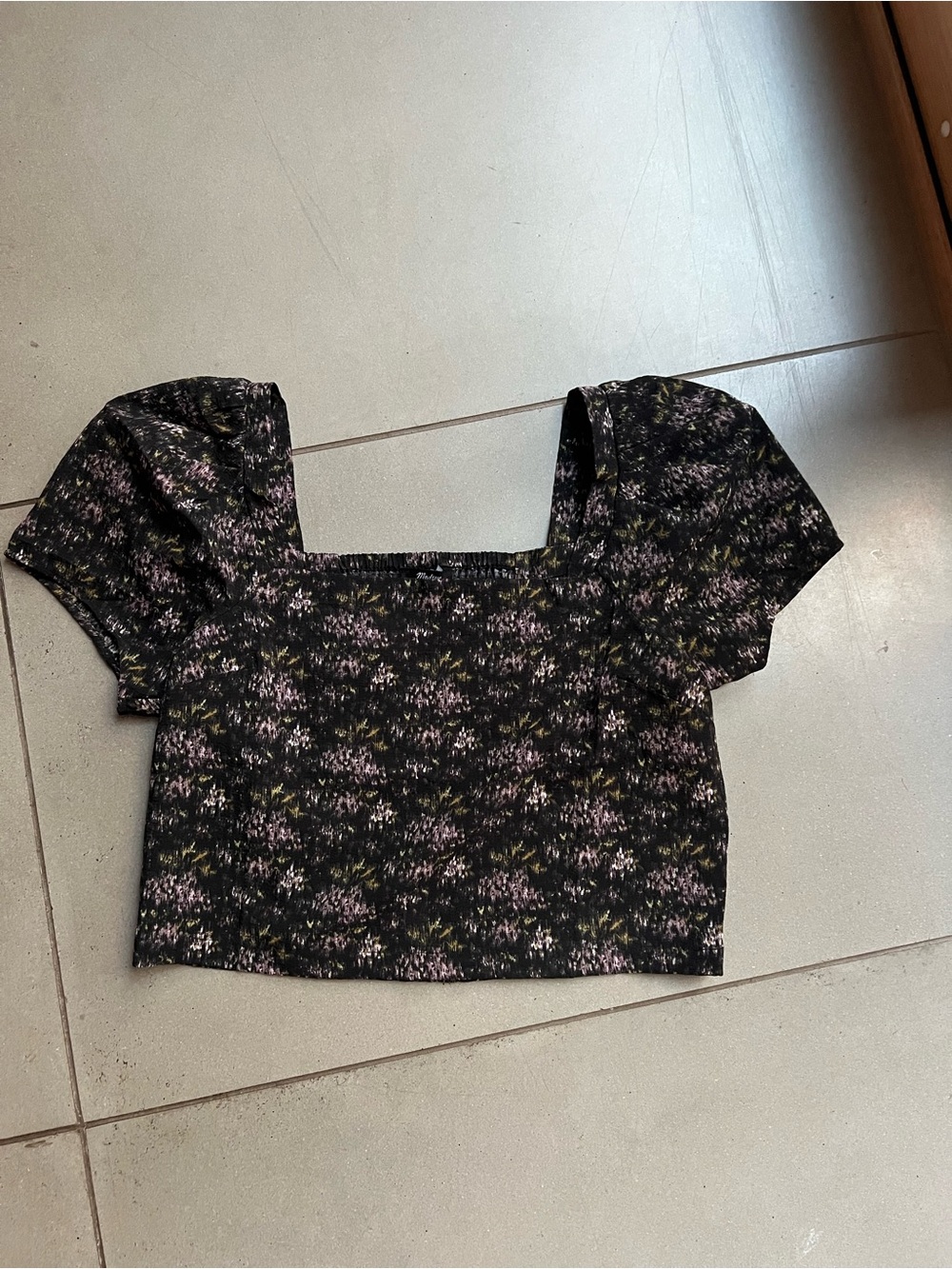 Madewell Black Floral Square-Neck Puff Sleeve Crop Top